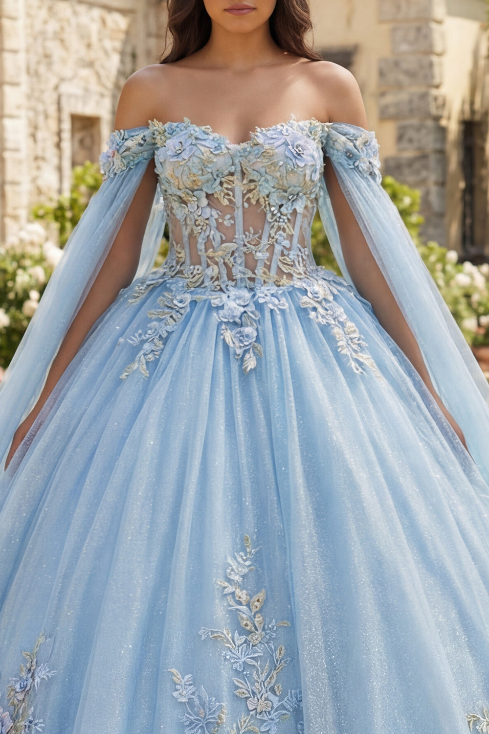 Glitter Sky Blue Princess Floral Long Corset Quinceanera Dress with Cape
