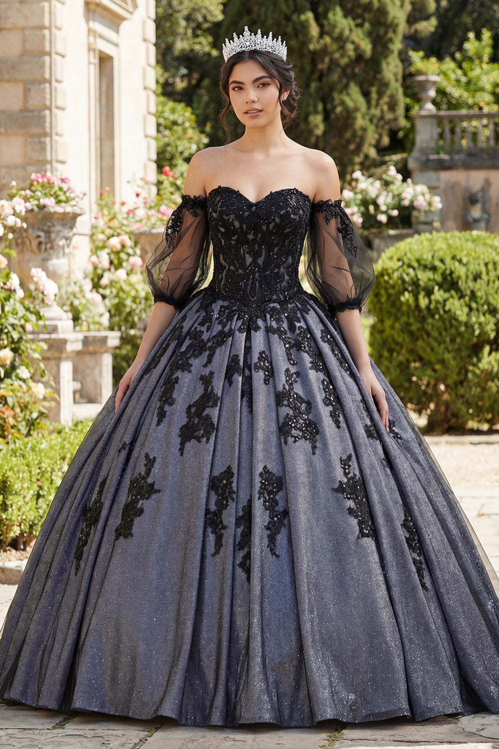 Glitter Black Beaded Floral Long Princess Quinceanera Dress with Lace