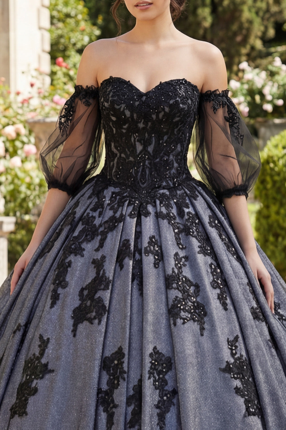 Glitter Black Beaded Floral Long Princess Quinceanera Dress with Lace