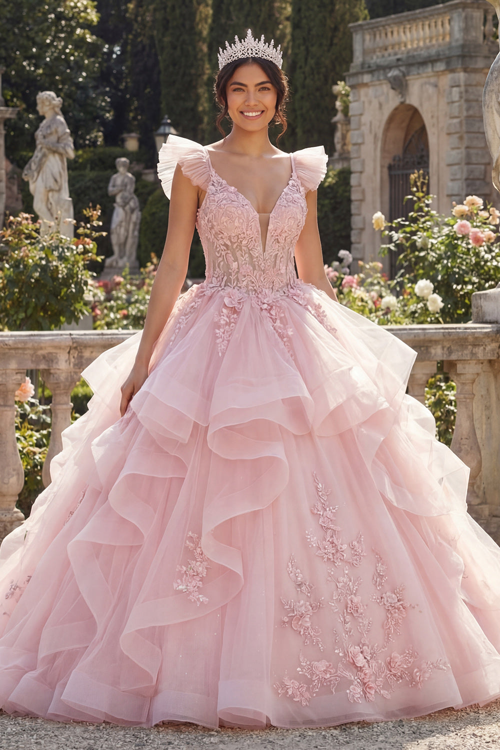 Pink Tulle V-Neck Princess Floral Long Corset Quinceanera Dress with Ruffles