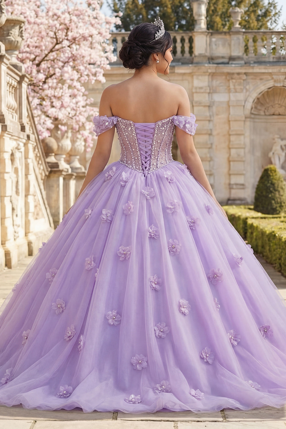 Lilac Floral Corset Long Off the Shoulder Princess Quinceanera Dress with Pearls
