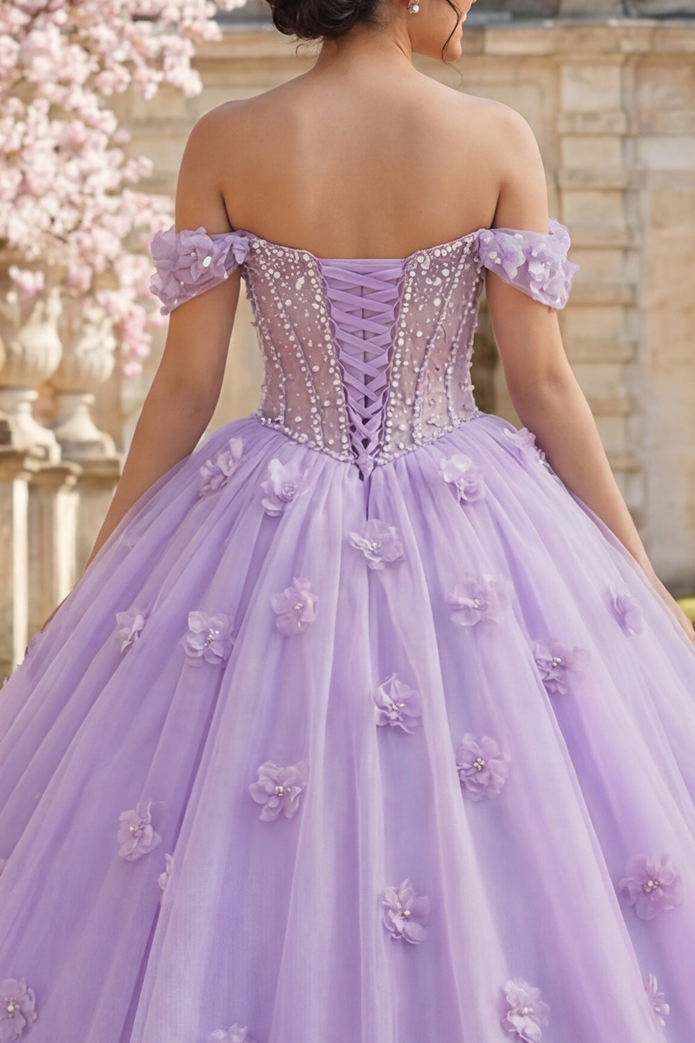 Lilac Floral Corset Long Off the Shoulder Princess Quinceanera Dress with Pearls