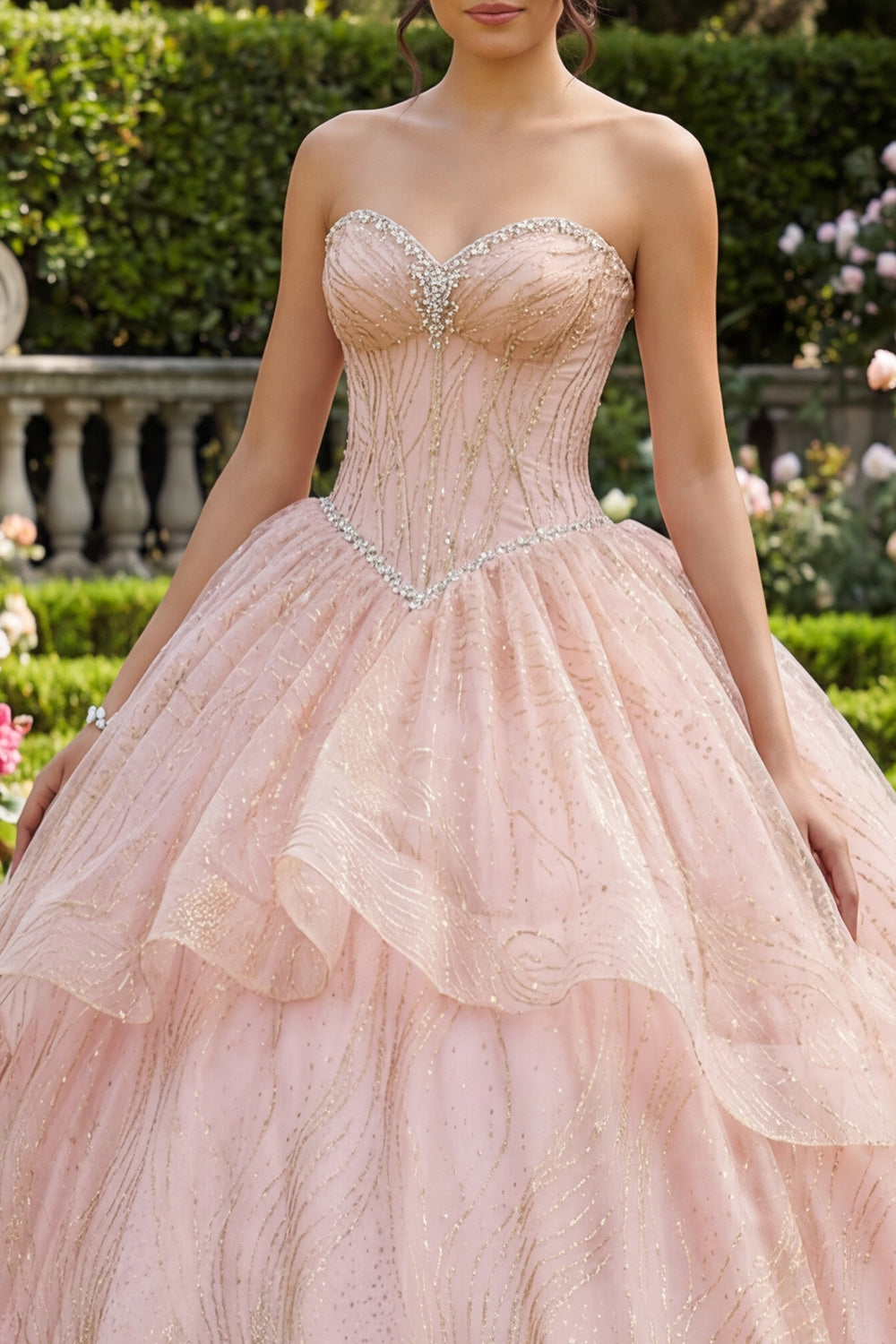 Sparkly Pink Sequin Beaded Princess Long Corset Quinceanera Dress with Ruffles