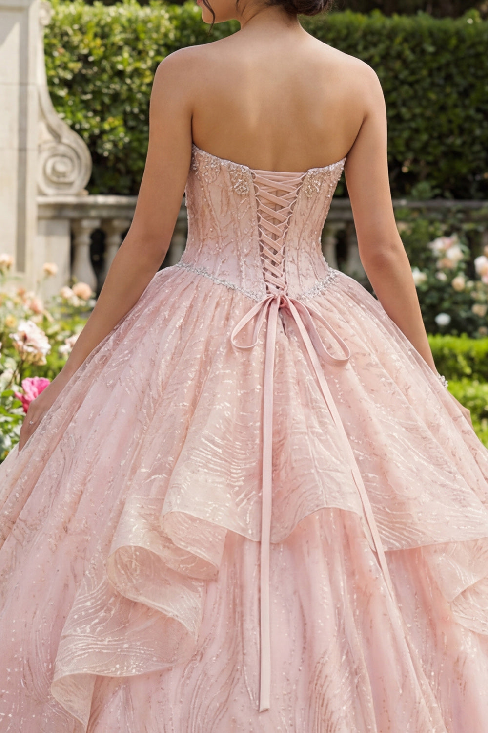 Sparkly Pink Sequin Beaded Princess Long Corset Quinceanera Dress with Ruffles