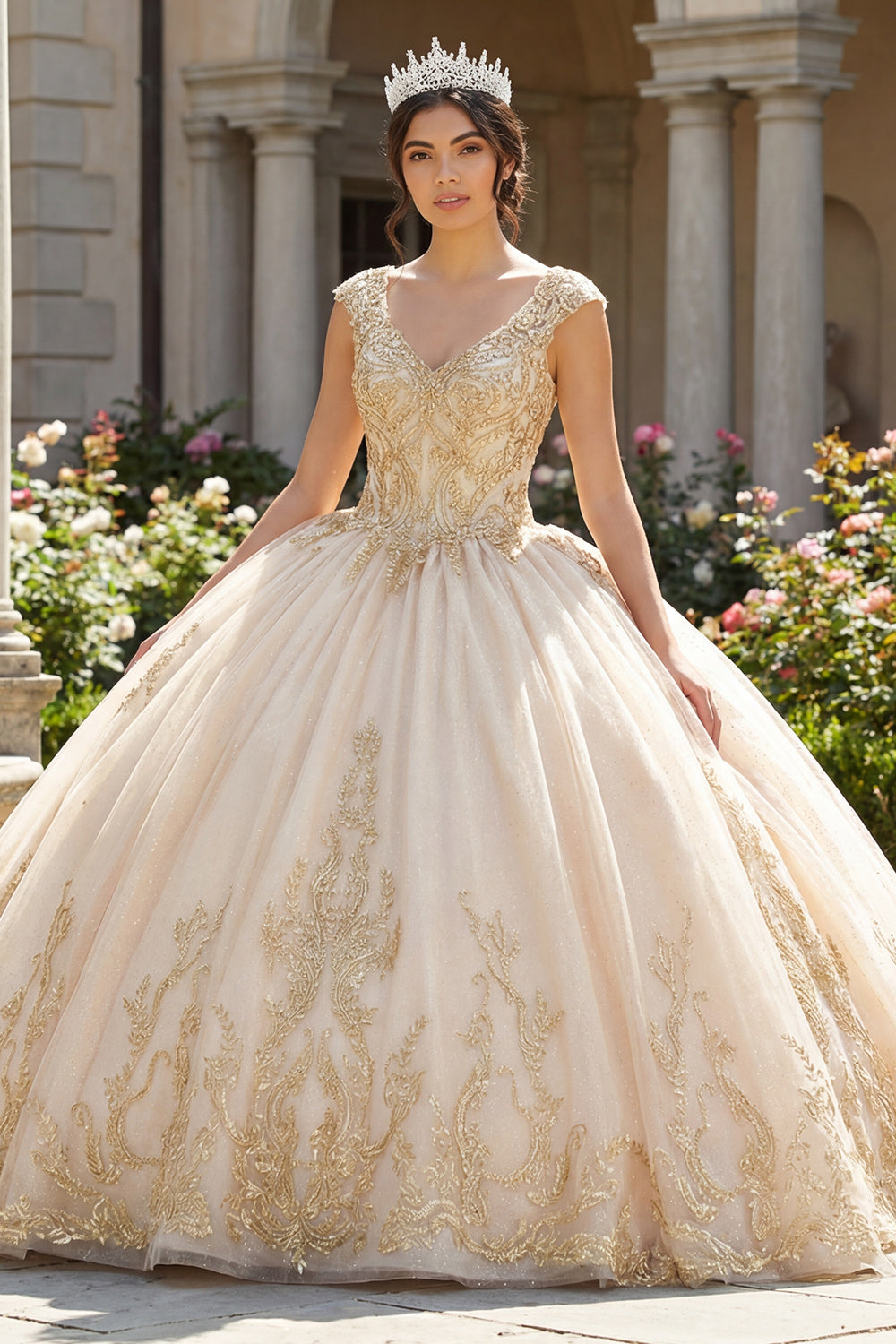 Champagne Princess Ball Gown Tulle Appliqued Long Quinceanera Dress