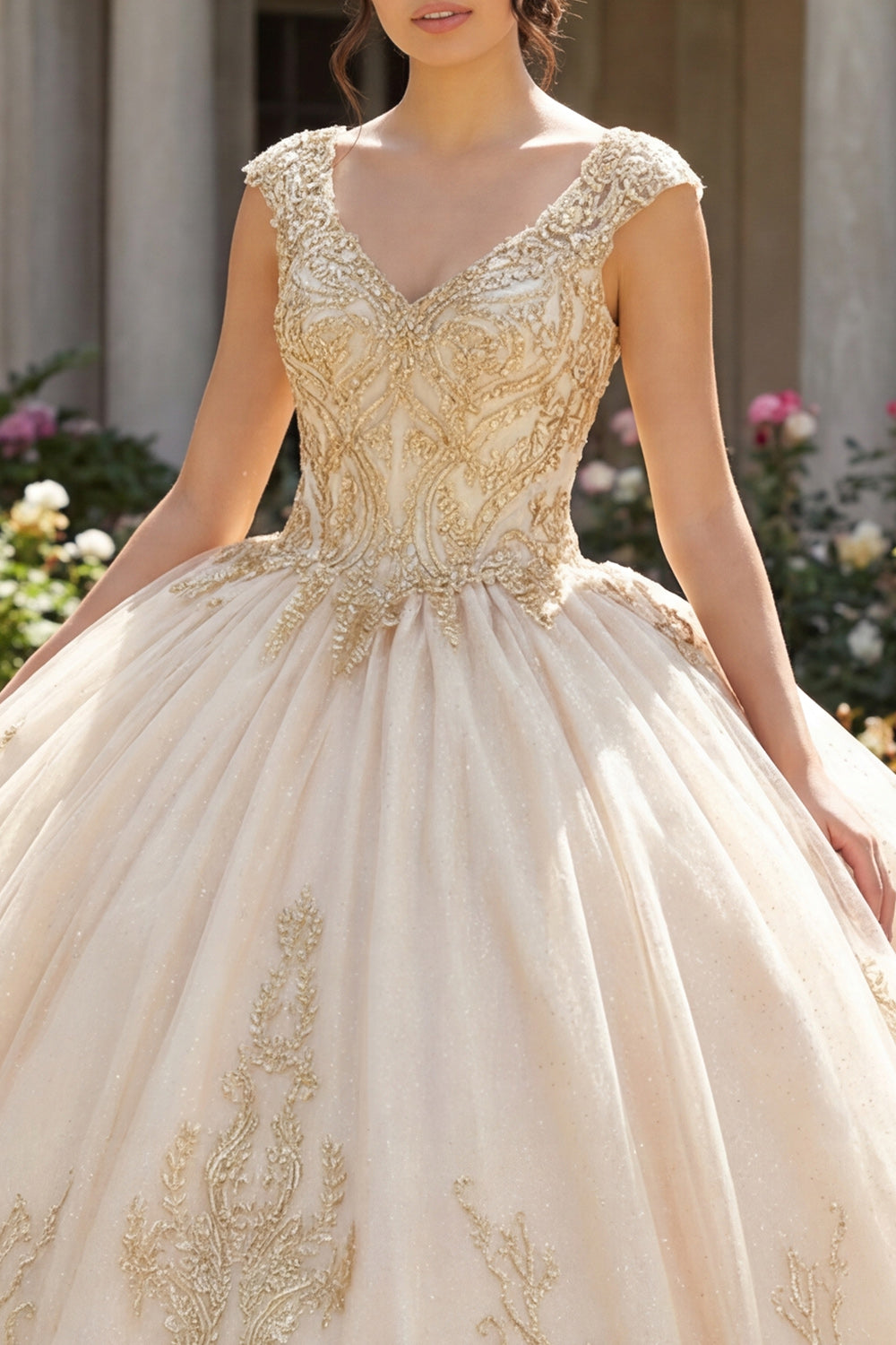 Champagne Princess Ball Gown Tulle Appliqued Long Quinceanera Dress