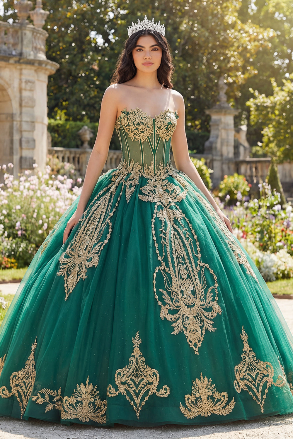 Sparkly Green Princess Strapless Beaded Long Corset Quinceanera Dress with Appliques