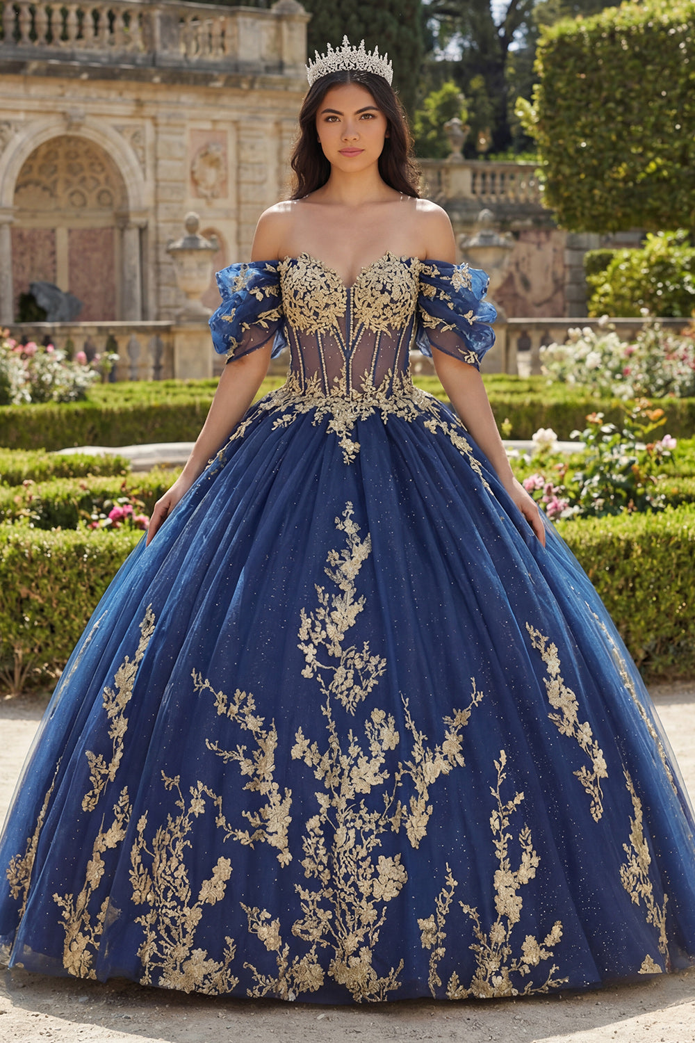 Glitter Navy Off the Shoulder Appliqued Princess Floral Long Corset Quinceanera Dress