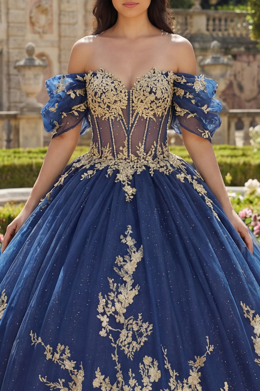 Glitter Navy Off the Shoulder Appliqued Princess Floral Long Corset Quinceanera Dress