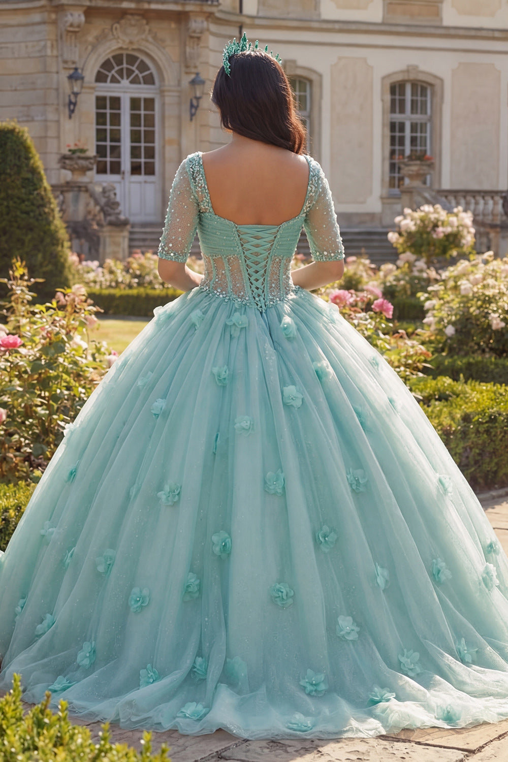 Sparkly Light Green Princess Beaded Floral Glitter Long Corset Quinceanera Dress