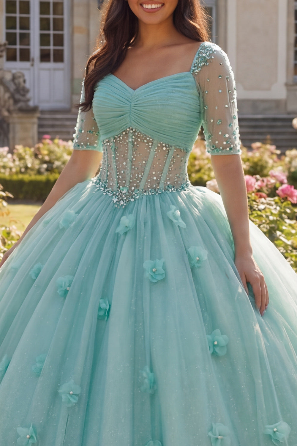 Sparkly Light Green Princess Beaded Floral Glitter Long Corset Quinceanera Dress