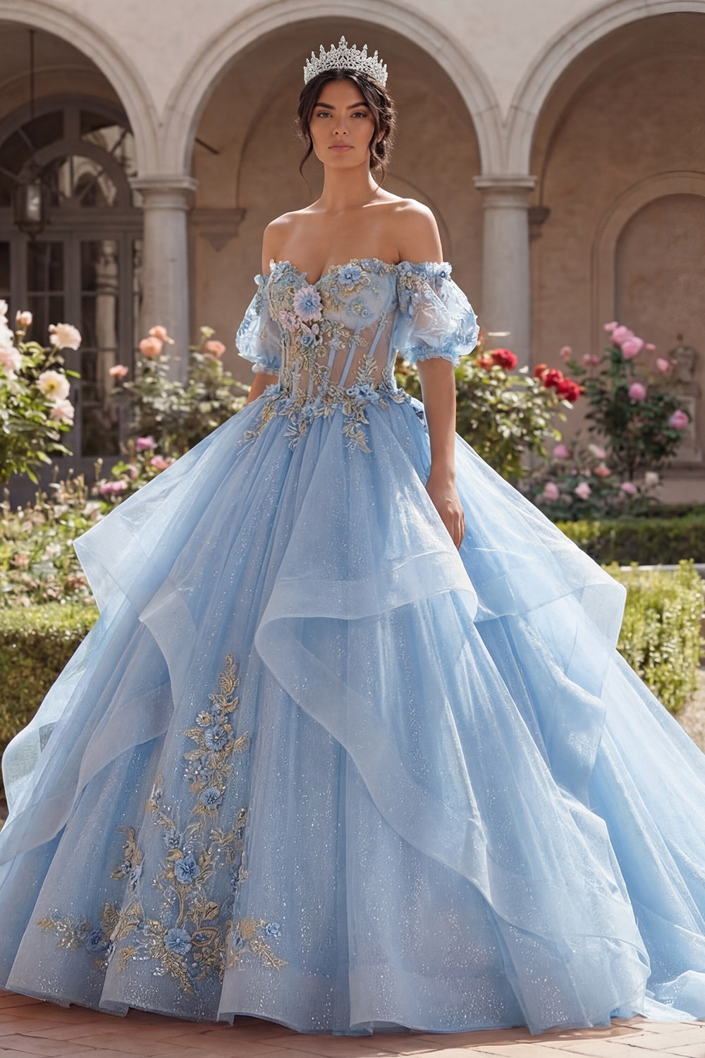 Glitter Sky Blue Princess Ruffled Floral Long Corset Quinceanera Dress