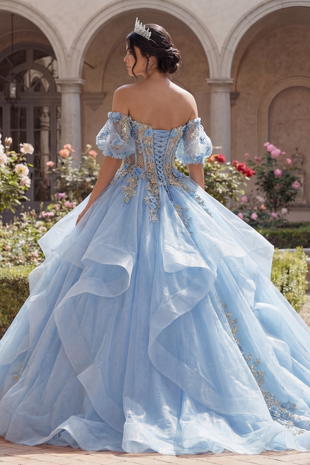 Glitter Sky Blue Princess Ruffled Floral Long Corset Quinceanera Dress