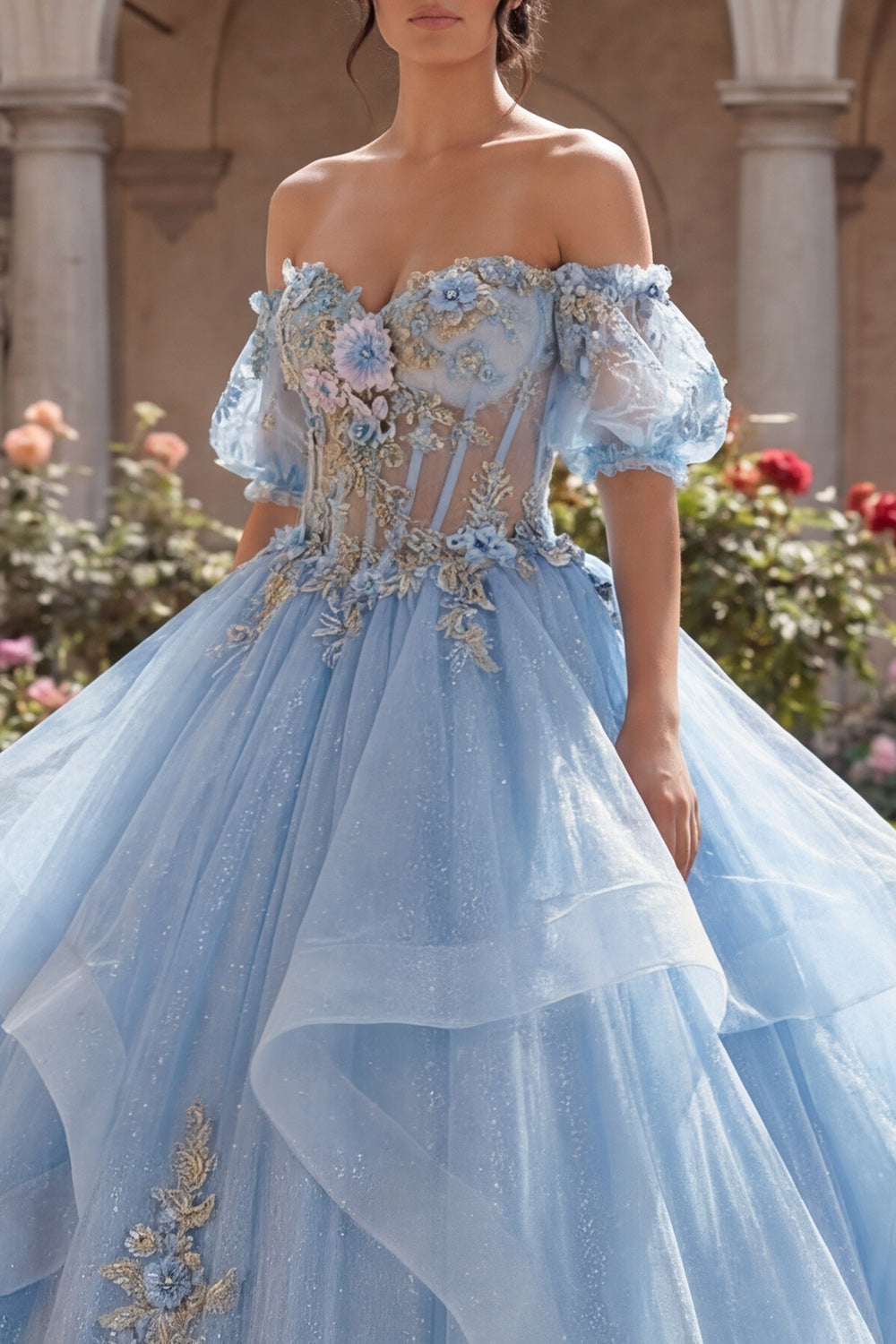 Glitter Sky Blue Princess Ruffled Floral Long Corset Quinceanera Dress