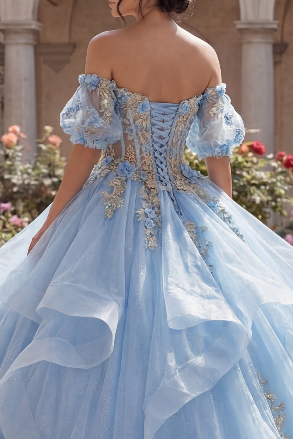 Glitter Sky Blue Princess Ruffled Floral Long Corset Quinceanera Dress