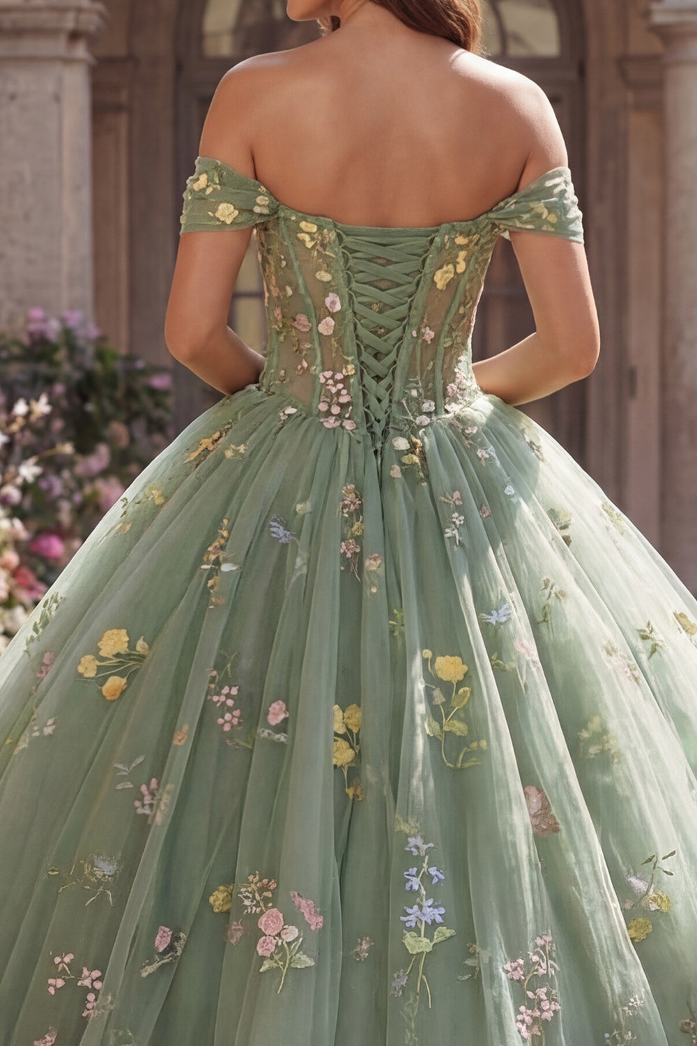 Dusty Sage Off the Shoulder Floral Princess Long Corset Quinceanera Dress