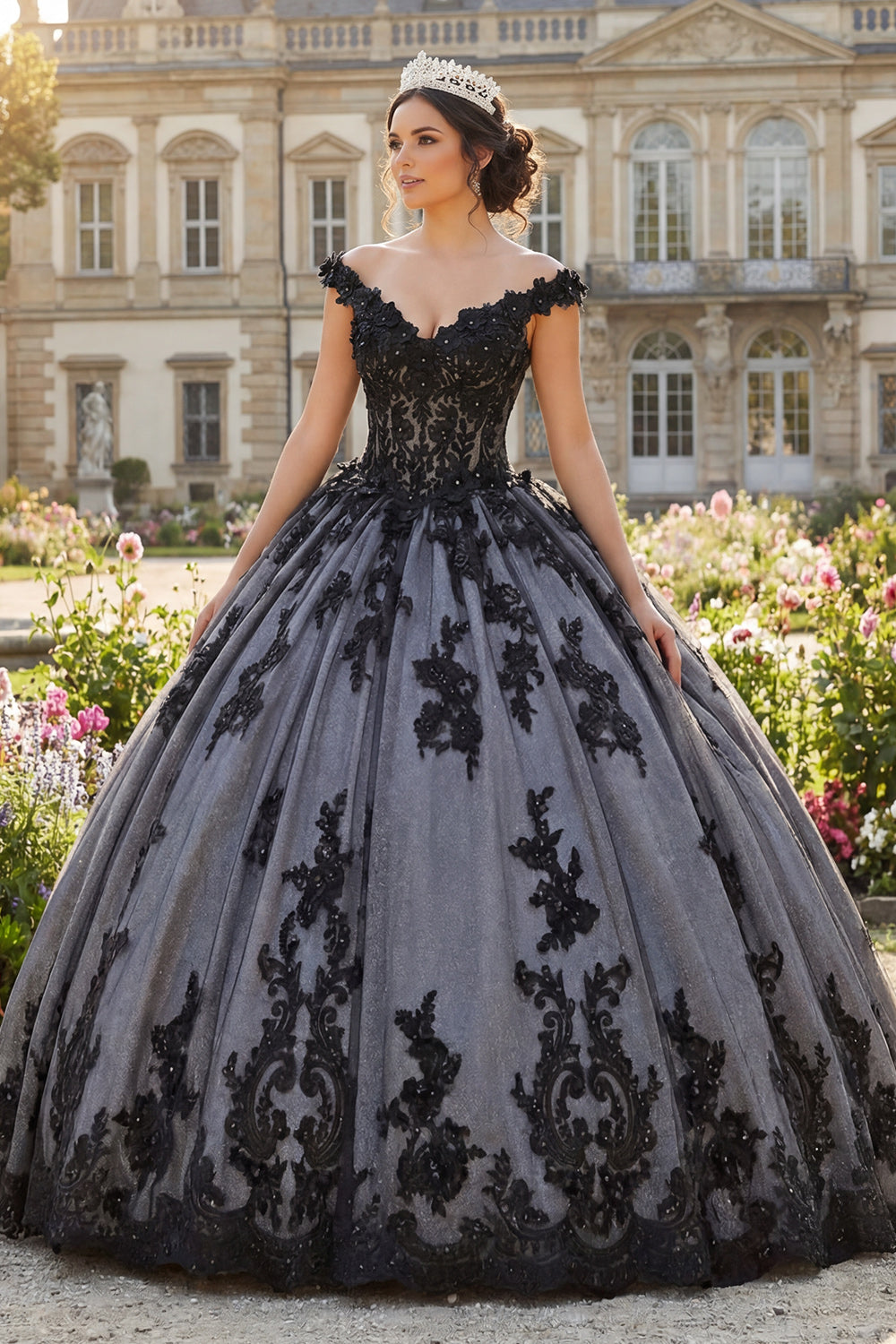 Sparkly Black Beaded Floral Long Princess Quinceanera Dress with Lace