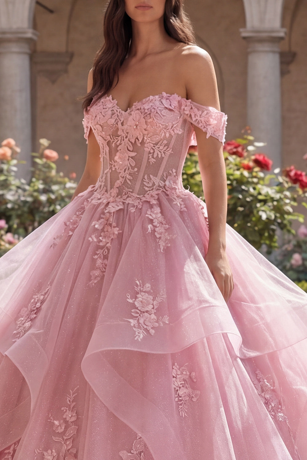 Glitter Pink Floral Long Corset Princess Quinceanera Dress with Ruffles