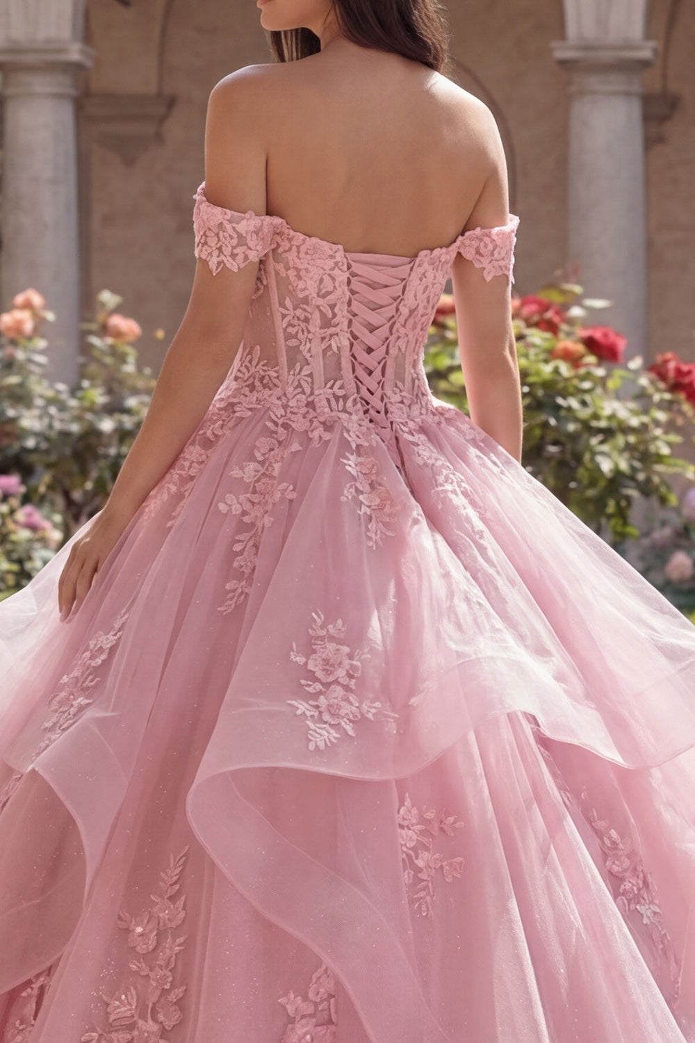 Glitter Pink Floral Long Corset Princess Quinceanera Dress with Ruffles