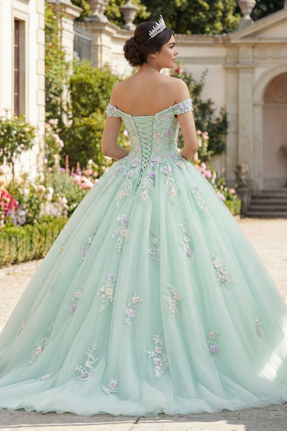 Light Green Tulle Off the Shoulder Princess Floral Long Quinceanera Dress with Lace