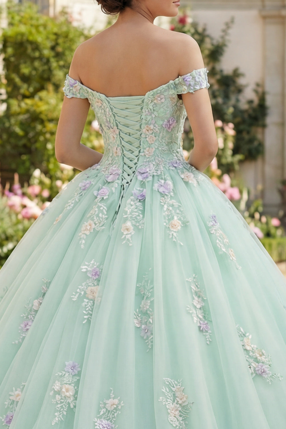 Light Green Tulle Off the Shoulder Princess Floral Long Quinceanera Dress with Lace