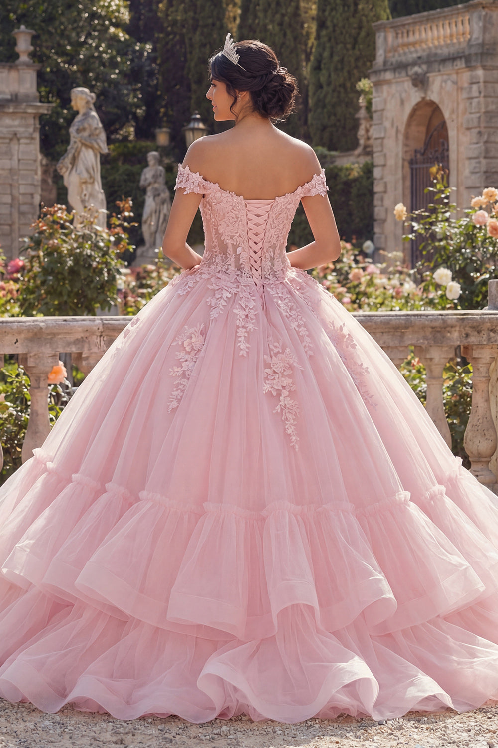 Glitter Pink Princess Floral Long Corset Quinceanera Dress with Ruffles