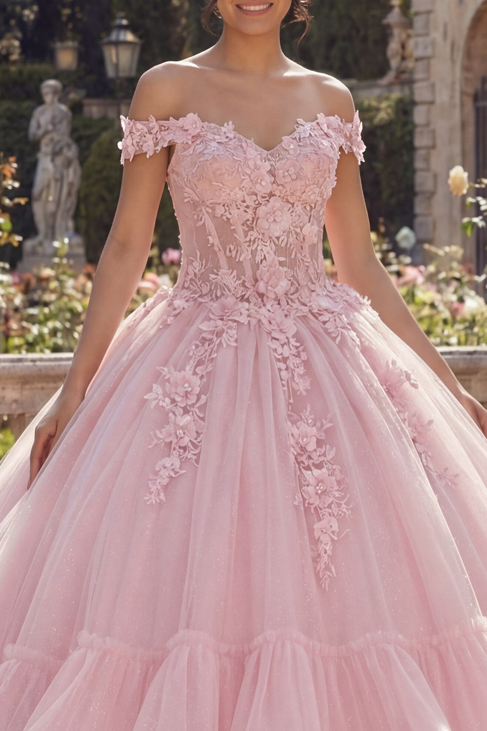 Glitter Pink Princess Floral Long Corset Quinceanera Dress with Ruffles