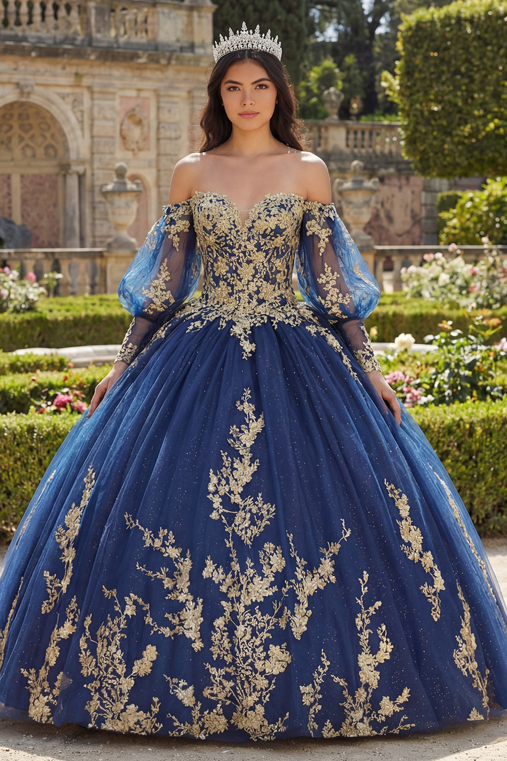 Glitter Navy Princess Floral Ball Gown Long Appliqued Quinceanera Dress