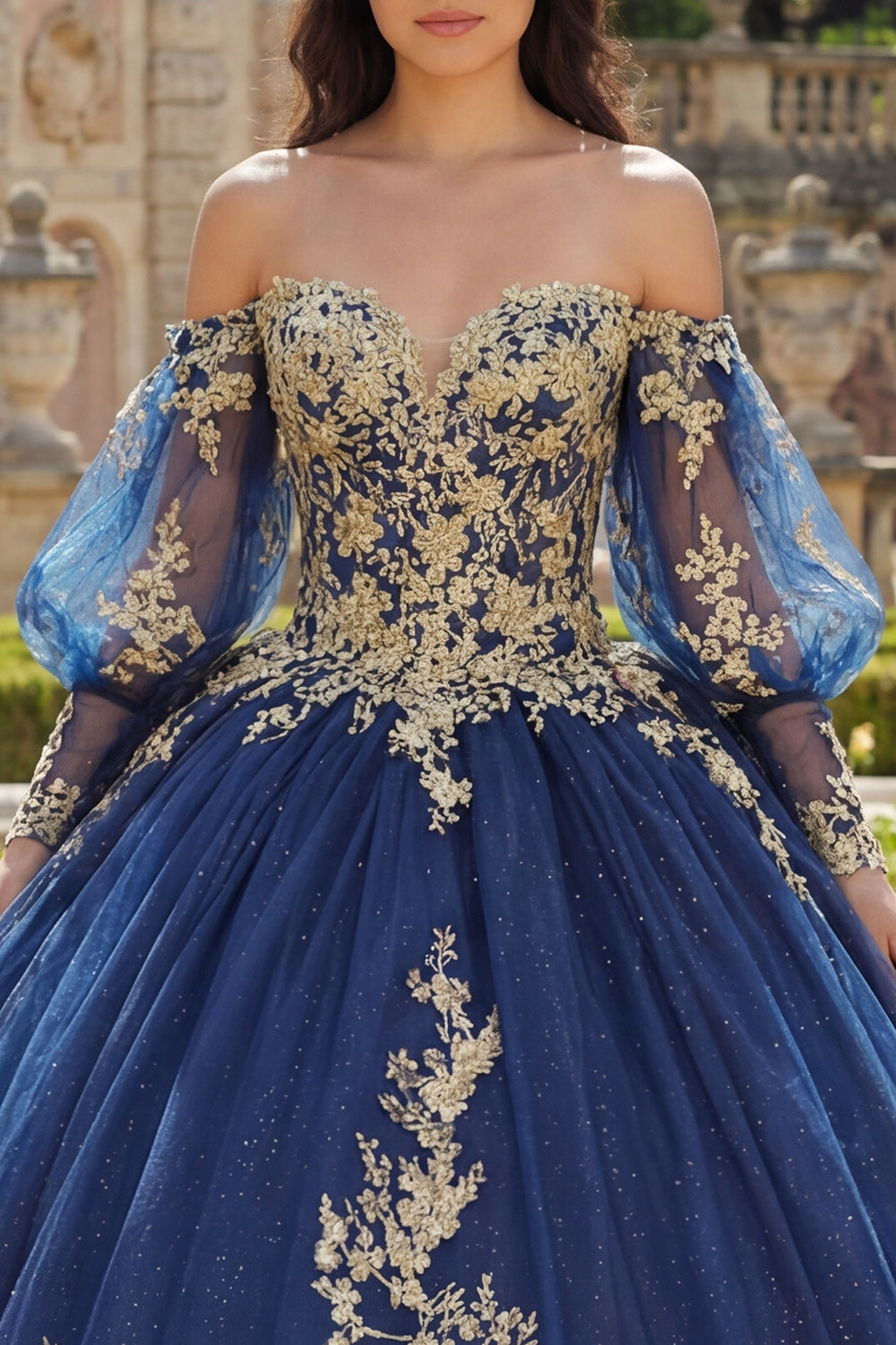Glitter Navy Princess Floral Ball Gown Long Appliqued Quinceanera Dress
