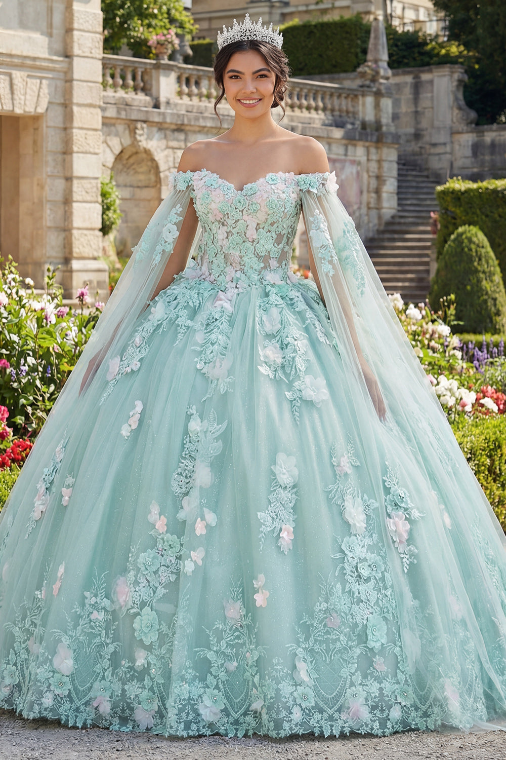 Mint Green Long Corset Glitter Floral Princess Quinceanera Dress with Cape