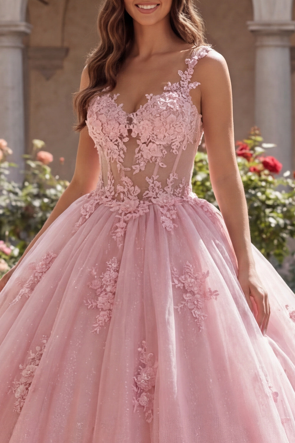 Pink Thick Straps Floral Long Corset Glitter Princess Quinceanera Dress