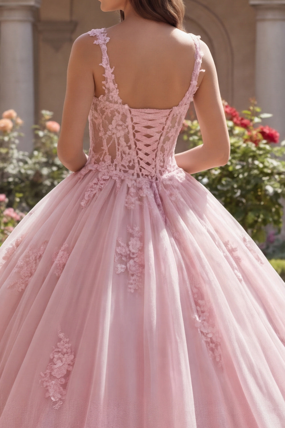 Pink Thick Straps Floral Long Corset Glitter Princess Quinceanera Dress
