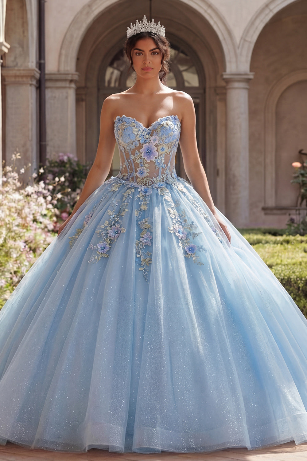 Sky Blue Floral Strapless Long Corset Glitter Princess Quinceanera Dress with Lace