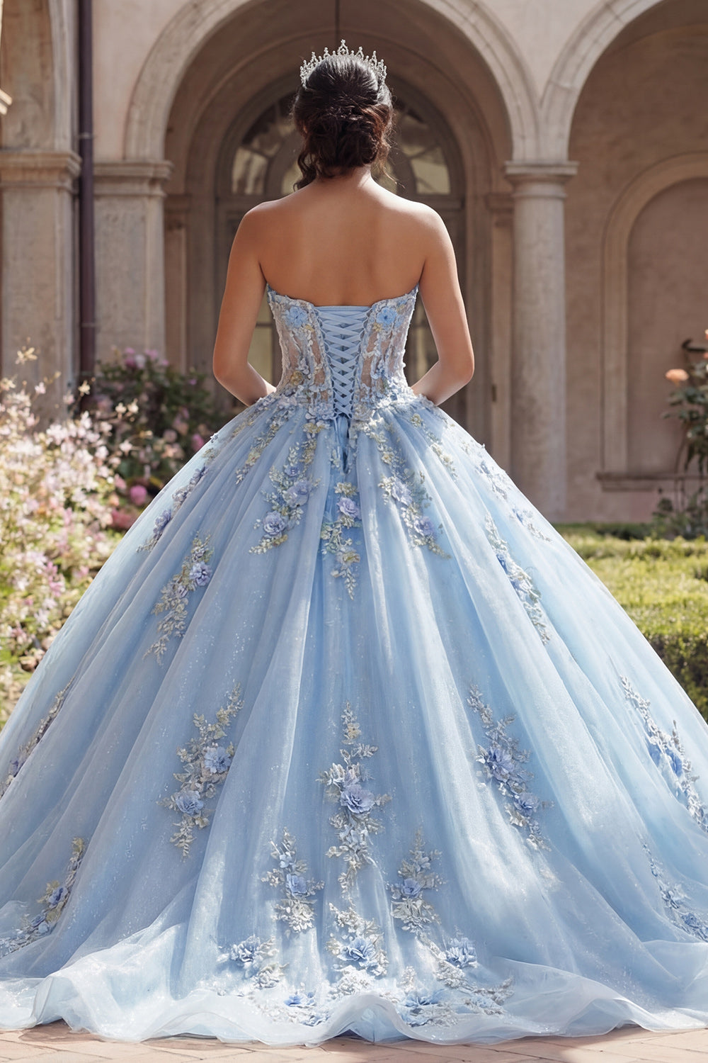 Sky Blue Floral Strapless Long Corset Glitter Princess Quinceanera Dress with Lace