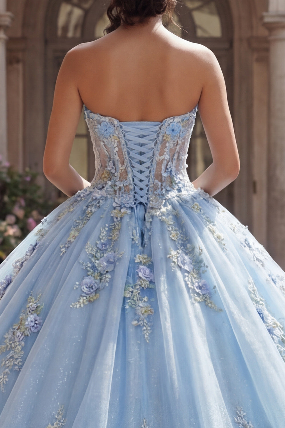 Sky Blue Floral Strapless Long Corset Glitter Princess Quinceanera Dress with Lace