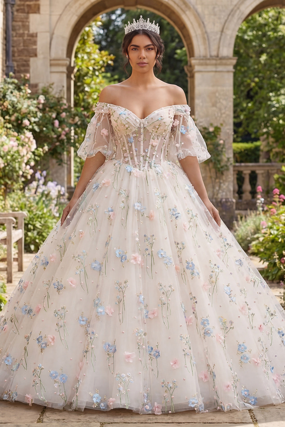 Champagne Puff Sleeves Floral Princess Long Corset Quinceanera Dress