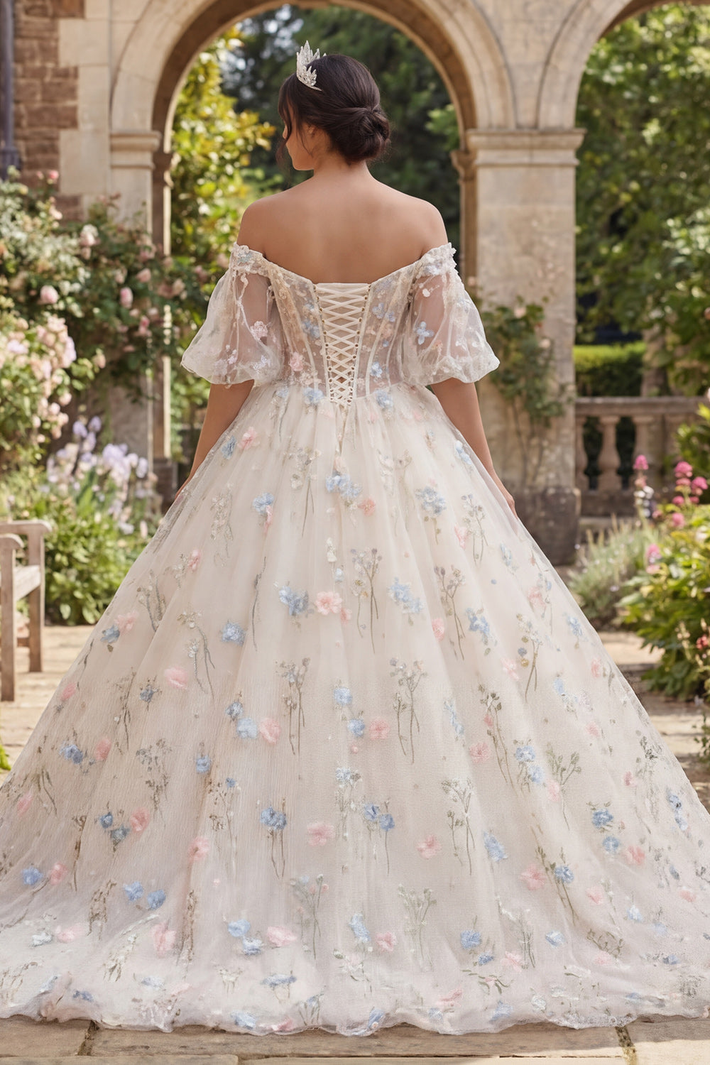 Champagne Puff Sleeves Floral Princess Long Corset Quinceanera Dress