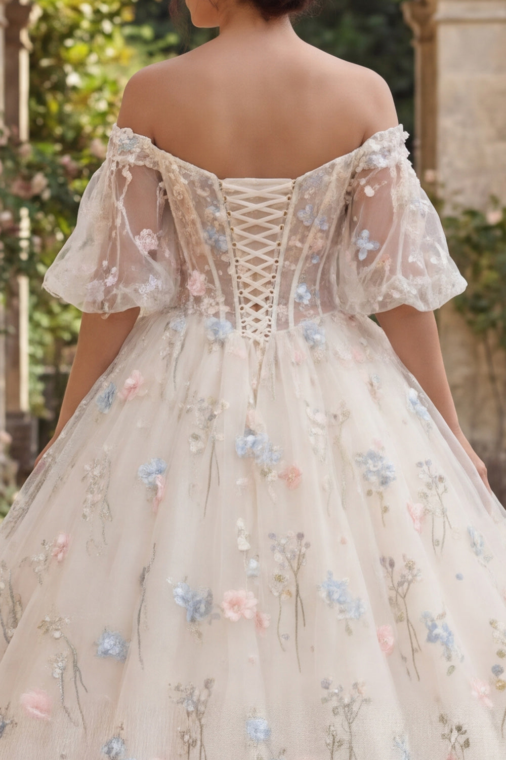 Champagne Puff Sleeves Floral Princess Long Corset Quinceanera Dress