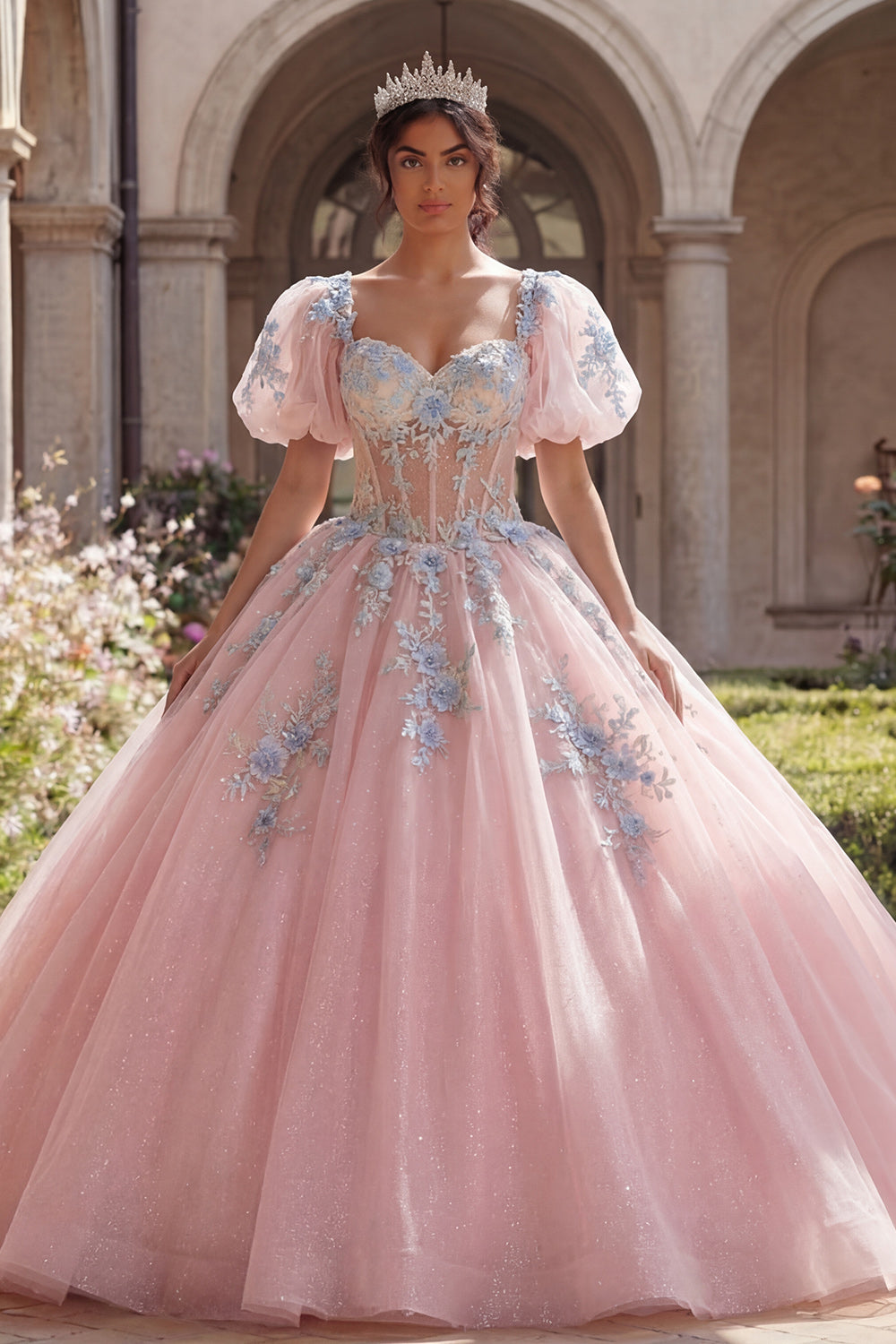 Glitter Pink Floral Puff Sleeves Long Corset Princess Quinceanera Dress with Lace