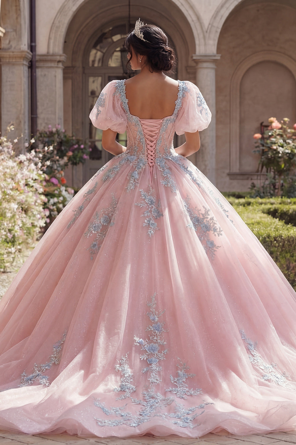 Glitter Pink Floral Puff Sleeves Long Corset Princess Quinceanera Dress with Lace