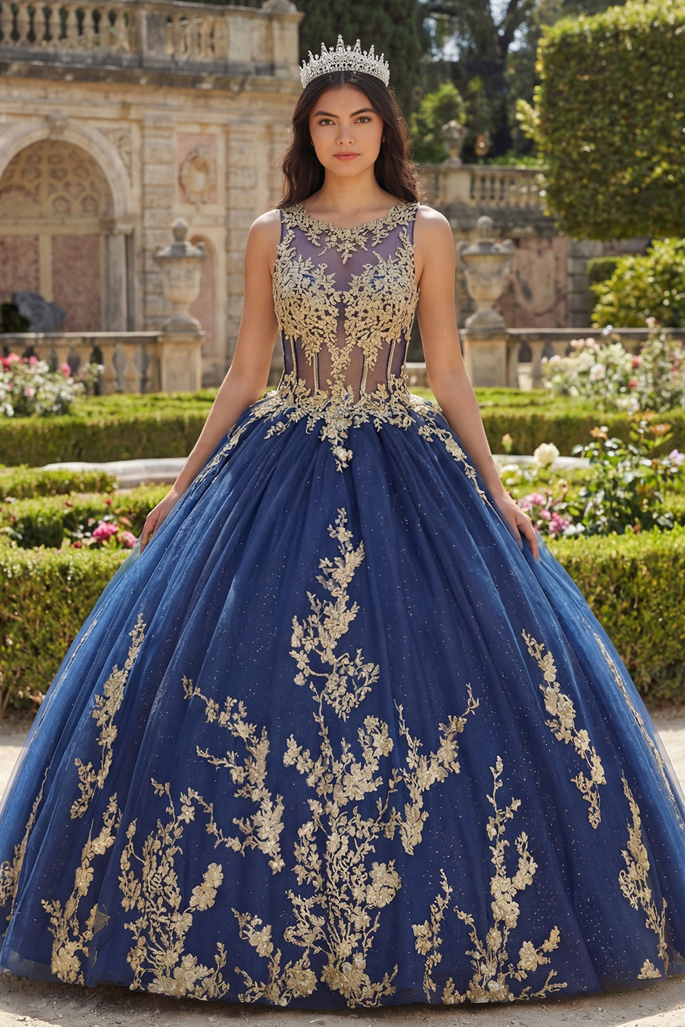 Glitter Navy Princess Floral Boat Neck Long Corset Appliqued Quinceanera Dress