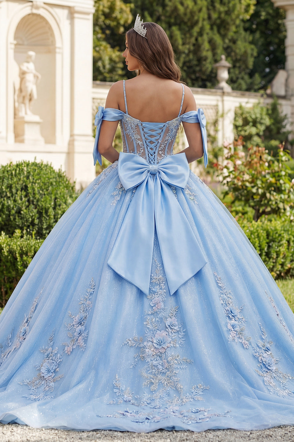 Glitter Sky Blue Floral Long Corset Princess Beaded Quinceanera Dress with Bows