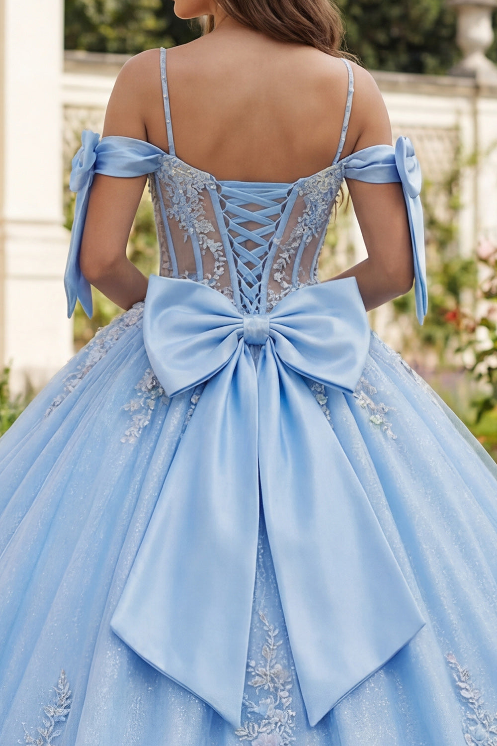 Glitter Sky Blue Floral Long Corset Princess Beaded Quinceanera Dress with Bows