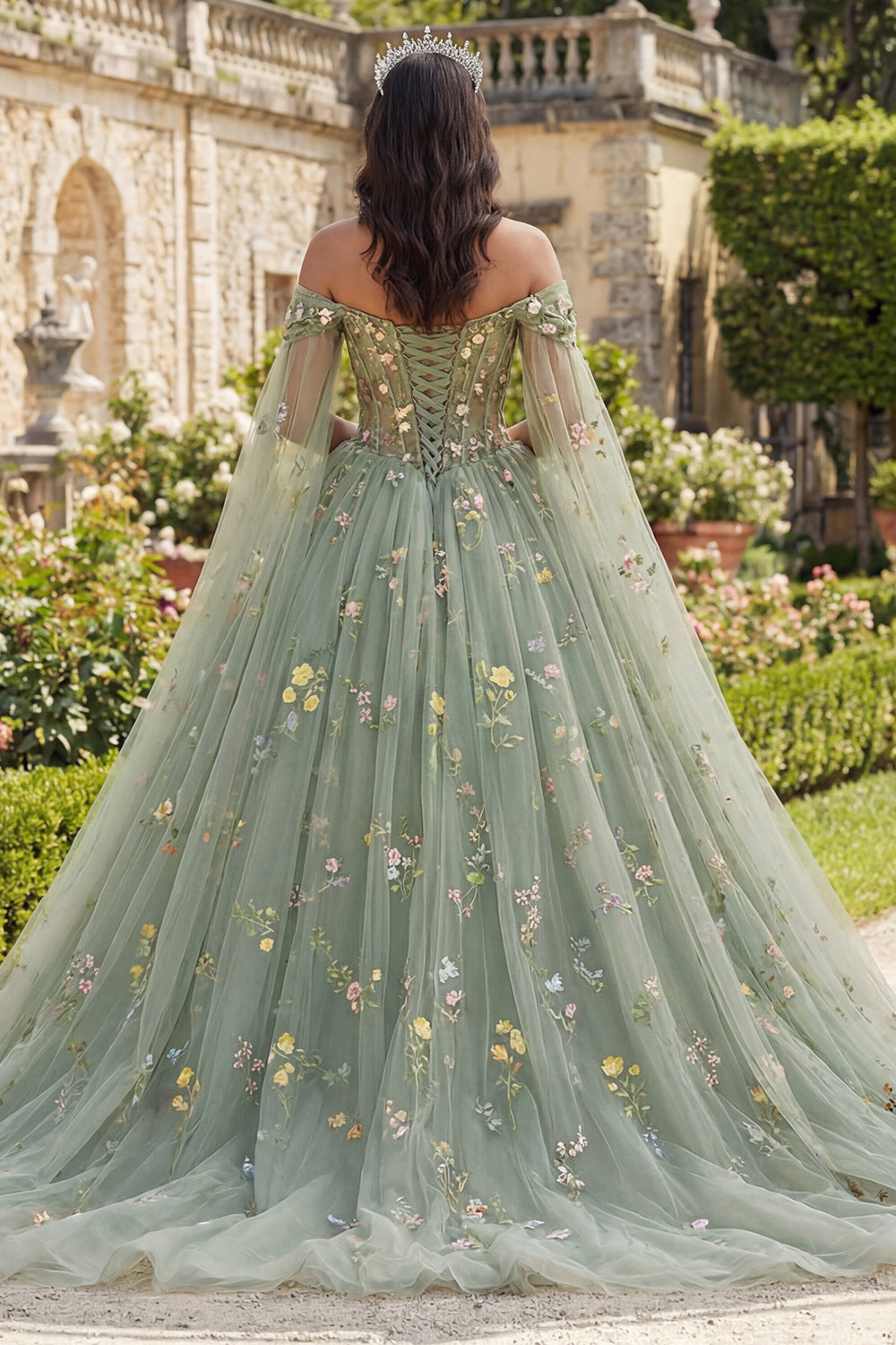 Dusty Sage Floral Princess Ball Gown Long Corset Quinceanera Dress with Cape