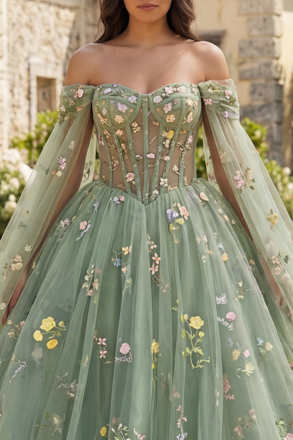 Dusty Sage Floral Princess Ball Gown Long Corset Quinceanera Dress with Cape