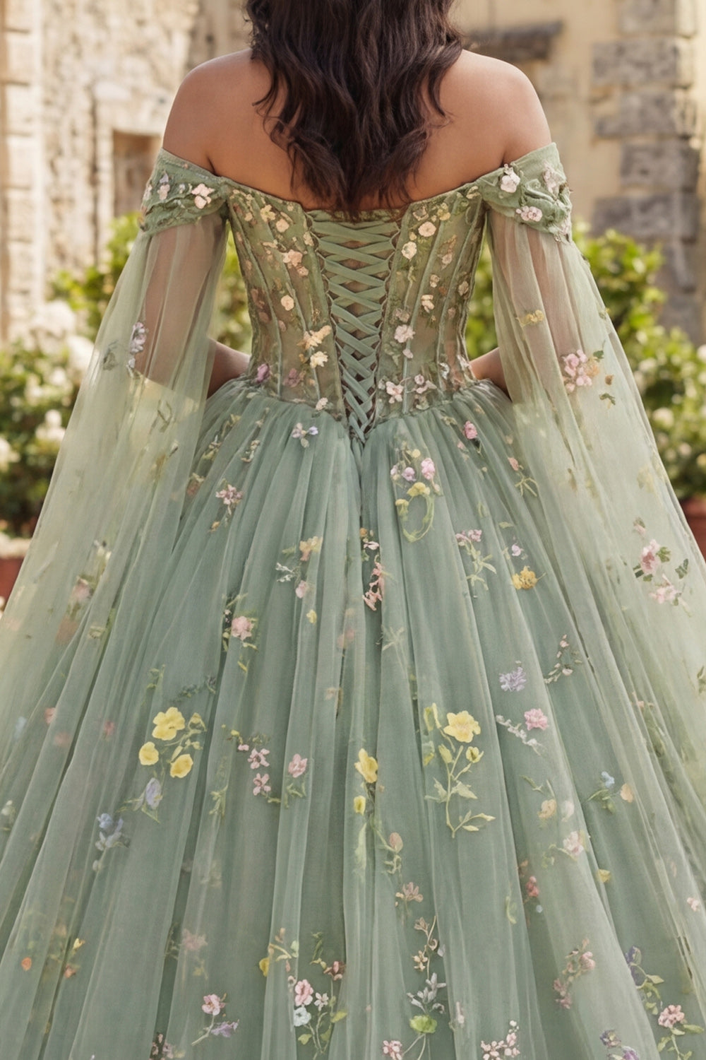 Dusty Sage Floral Princess Ball Gown Long Corset Quinceanera Dress with Cape