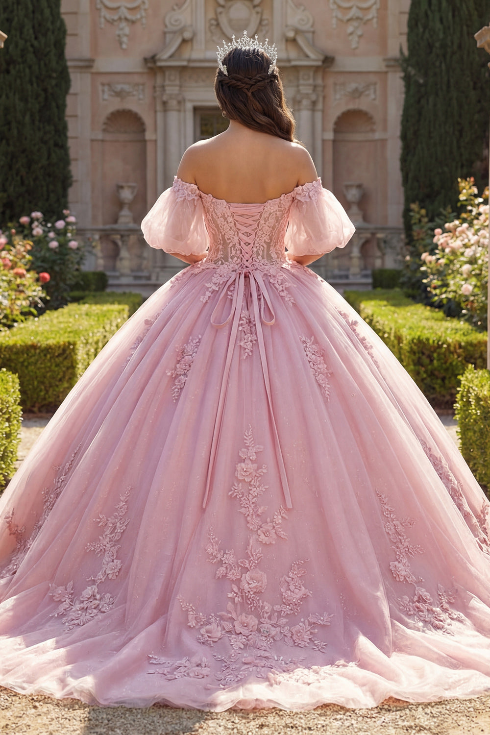 Sparkly Pink Long Corset Beaded Floral Puff Sleeves Glitter Princess Quinceanera Dress