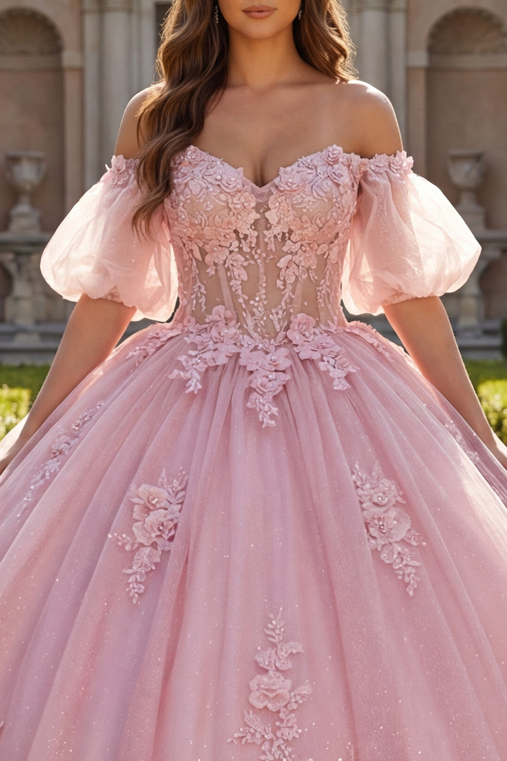 Sparkly Pink Long Corset Beaded Floral Puff Sleeves Glitter Princess Quinceanera Dress
