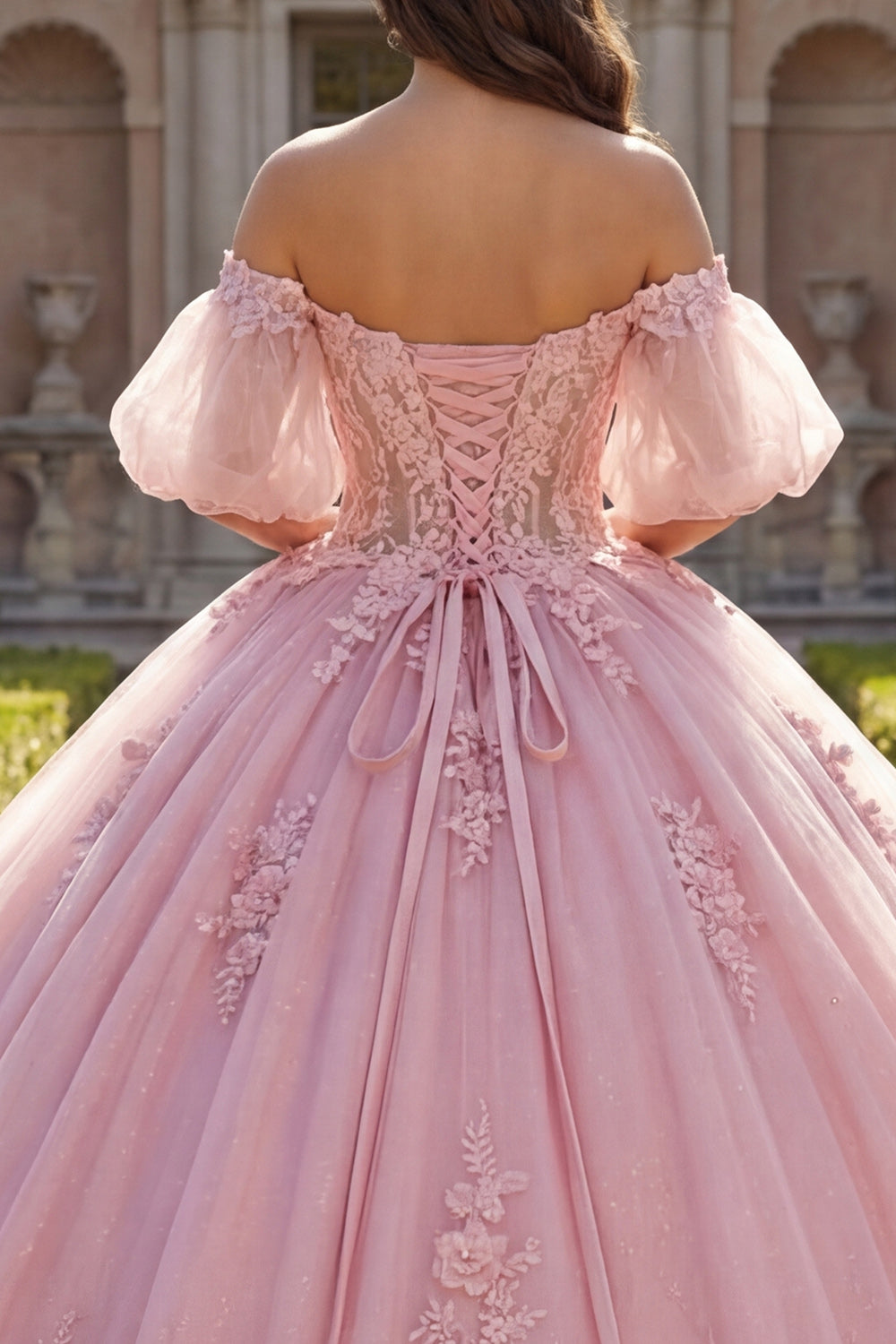 Sparkly Pink Long Corset Beaded Floral Puff Sleeves Glitter Princess Quinceanera Dress
