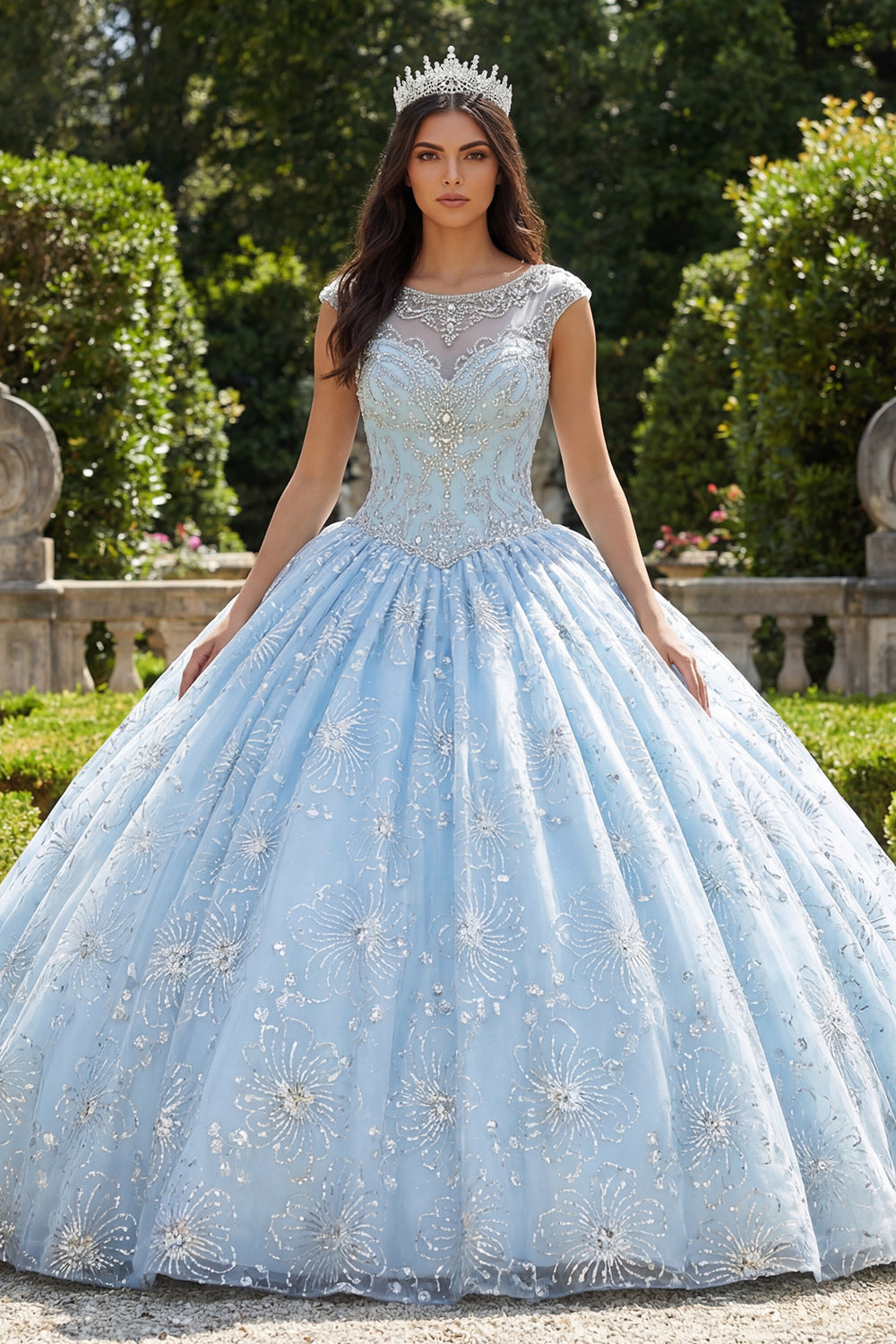 Sparkly Sky Blue Princess Floral Long Boat Neck Quinceanera Dress with Beading